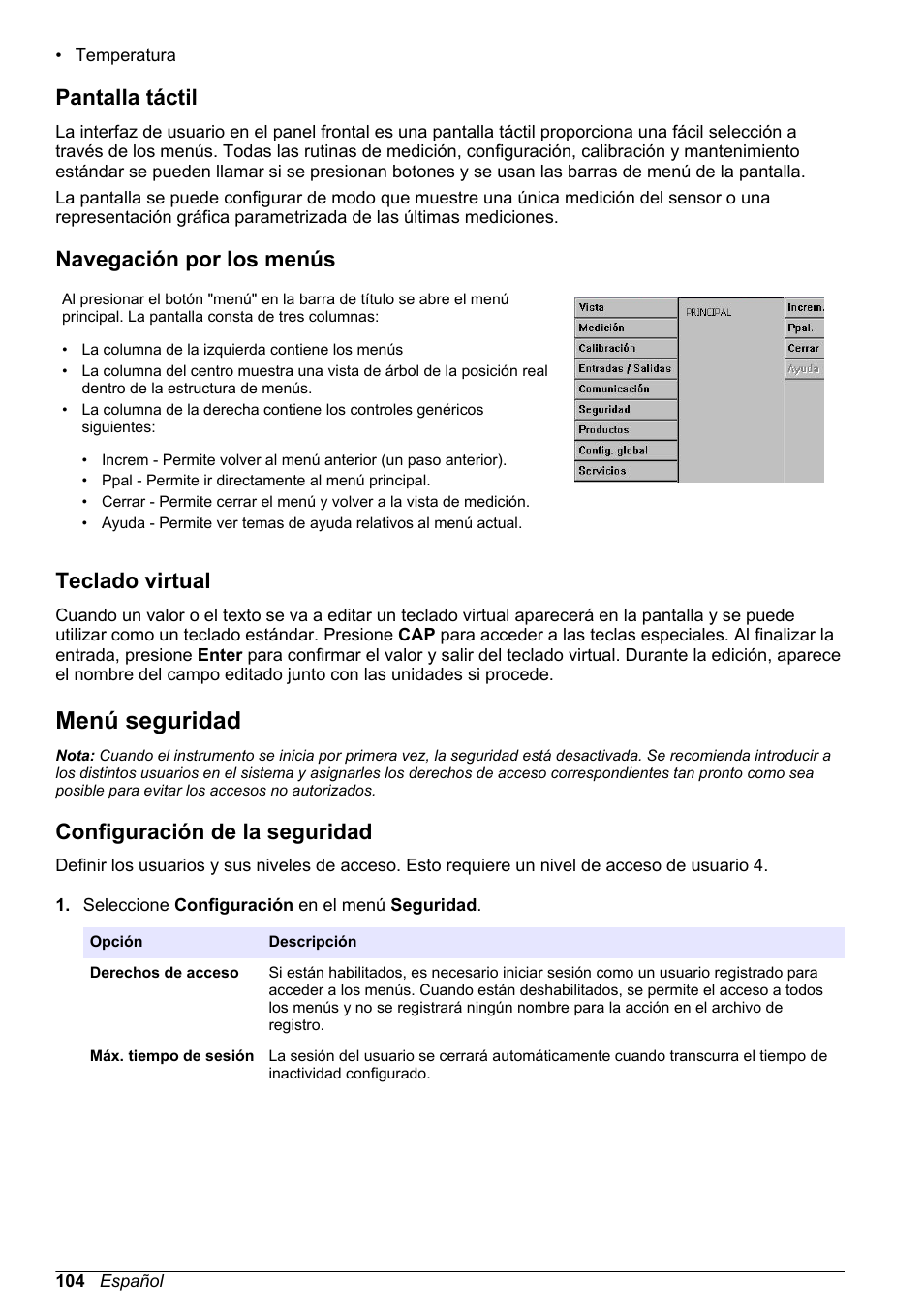 Pantalla táctil, Navegación por los menús, Teclado virtual | Menú seguridad, Configuración de la seguridad | Hach-Lange ORBISPHERE KM1100 Basic User Manual User Manual | Page 104 / 350