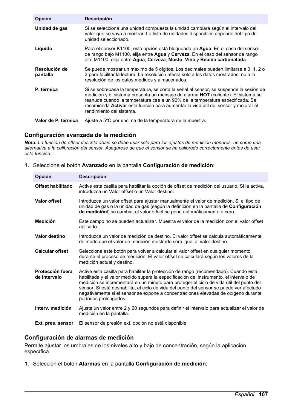 Configuración avanzada de la medición, Configuración de alarmas de medición | Hach-Lange ORBISPHERE KM1100 Basic User Manual User Manual | Page 107 / 350