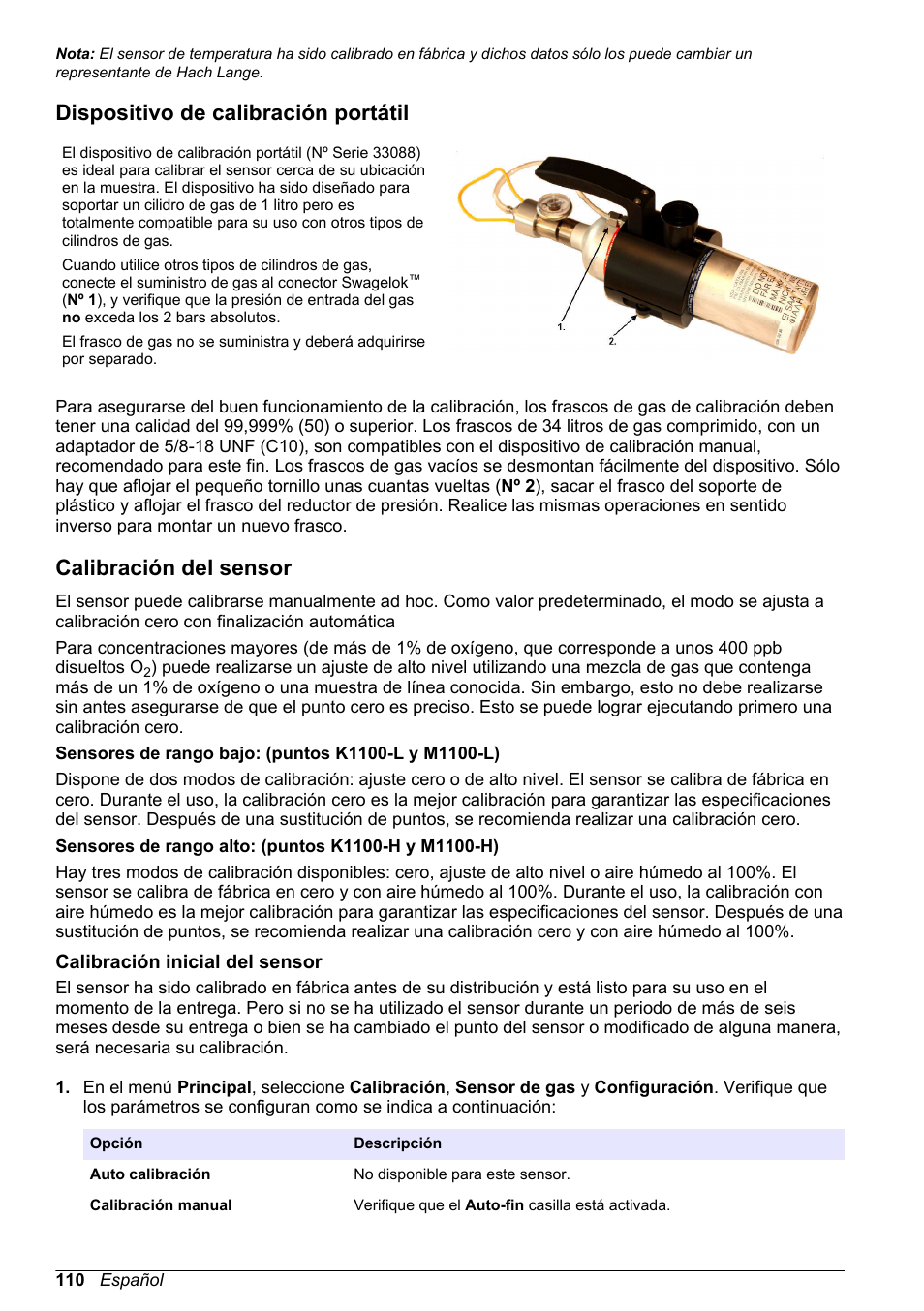 Dispositivo de calibración portátil, Calibración del sensor, Calibración inicial del sensor | Hach-Lange ORBISPHERE KM1100 Basic User Manual User Manual | Page 110 / 350