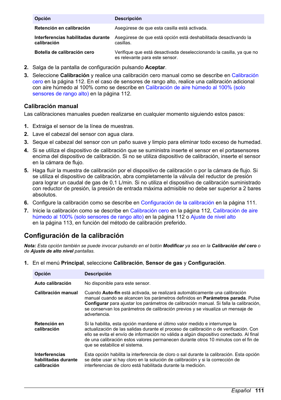 Calibración manual, Configuración de la calibración | Hach-Lange ORBISPHERE KM1100 Basic User Manual User Manual | Page 111 / 350