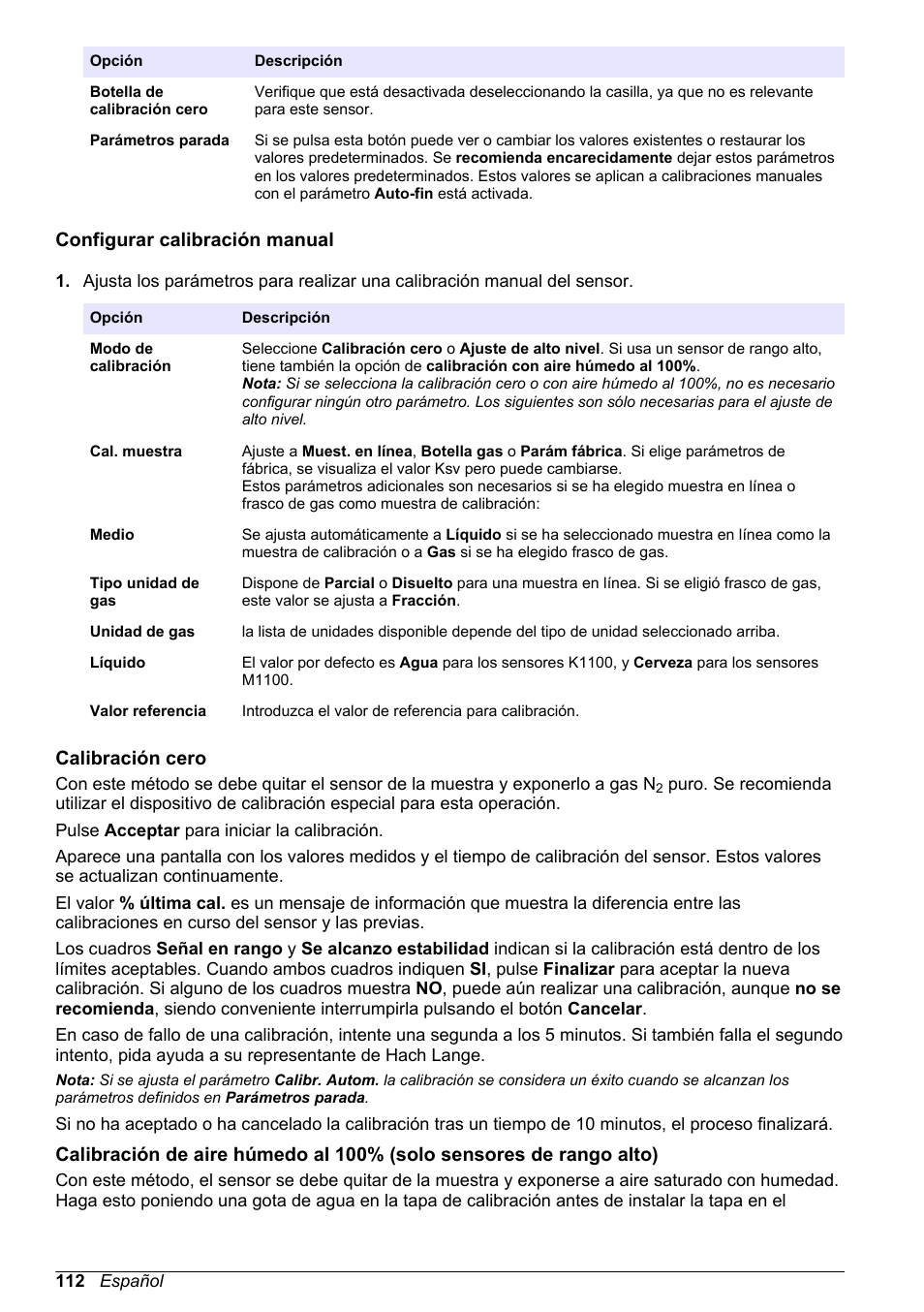 Configurar calibración manual, Calibración cero, Calibración | Cero, Con aire húmedo al 100% como se describe en, Calibración de aire húmedo al 100% (solo, Sensores de rango alto), Calibración de aire, Húmedo al 100% (solo sensores de rango alto) | Hach-Lange ORBISPHERE KM1100 Basic User Manual User Manual | Page 112 / 350