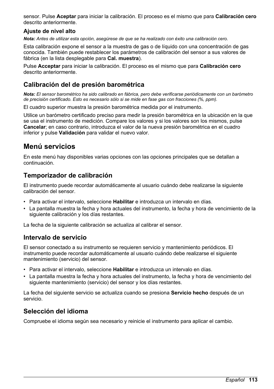Ajuste de nivel alto, Calibración del de presión barométrica, Menú servicios | Temporizador de calibración, Intervalo de servicio, Selección del idioma | Hach-Lange ORBISPHERE KM1100 Basic User Manual User Manual | Page 113 / 350