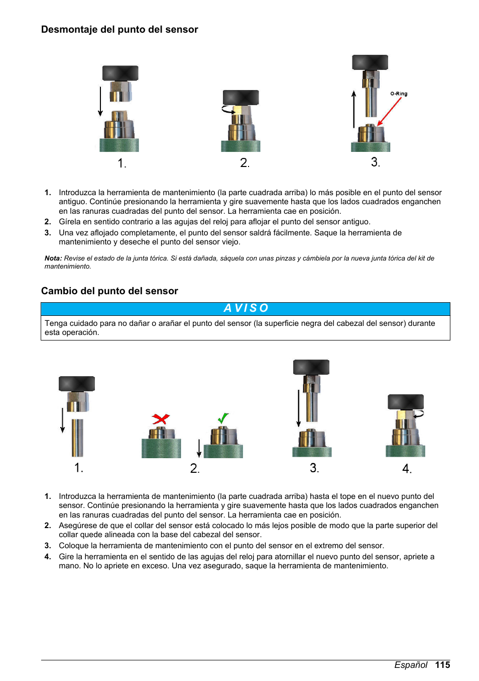 Desmontaje del punto del sensor, Cambio del punto del sensor | Hach-Lange ORBISPHERE KM1100 Basic User Manual User Manual | Page 115 / 350
