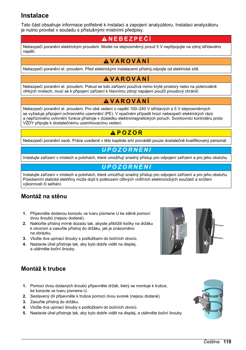 Instalace, Montáž na stěnu, Montáž k trubce | Hach-Lange ORBISPHERE KM1100 Basic User Manual User Manual | Page 119 / 350