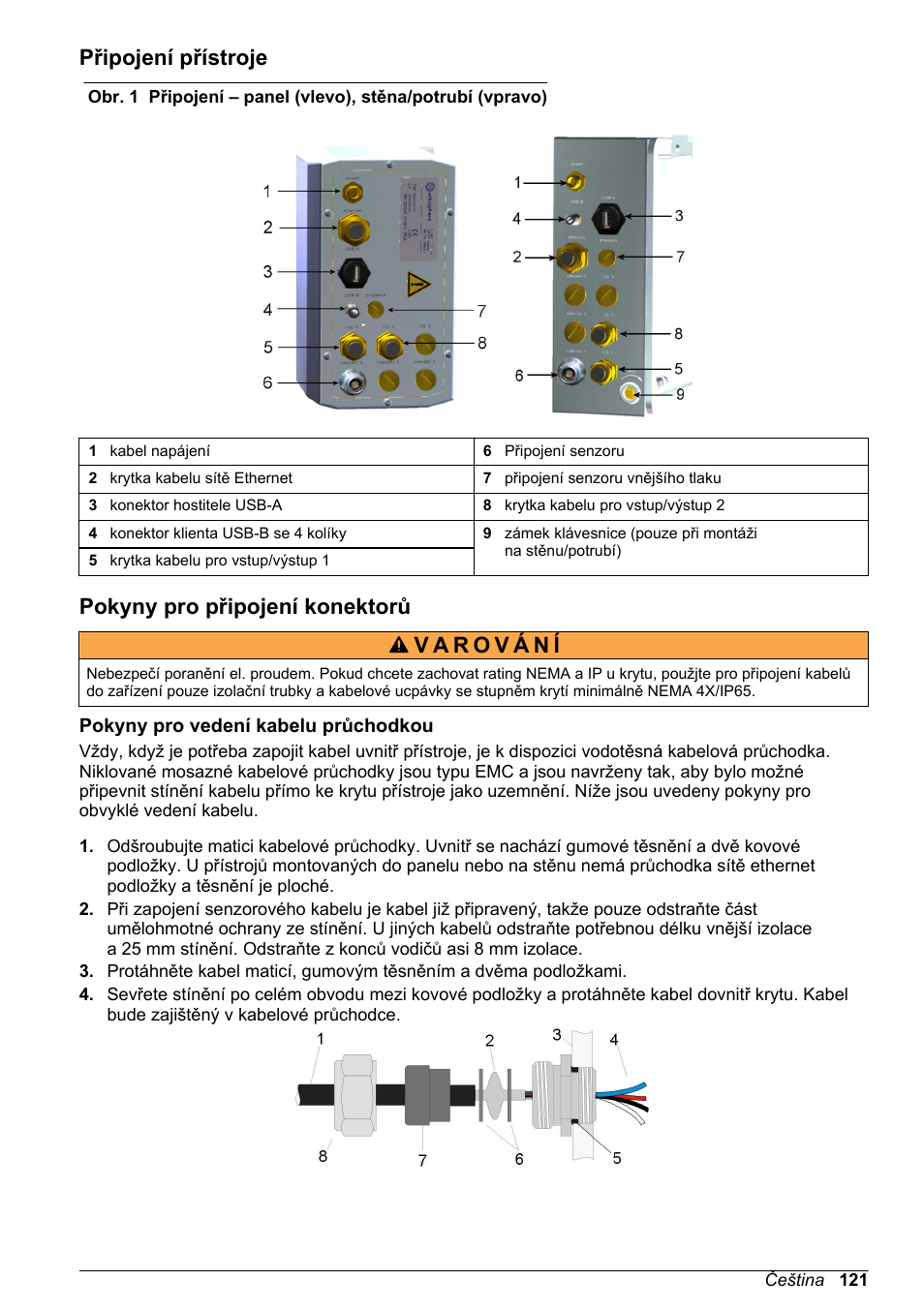 Připojení přístroje, Pokyny pro připojení konektorů, Pokyny pro vedení kabelu průchodkou | Hach-Lange ORBISPHERE KM1100 Basic User Manual User Manual | Page 121 / 350