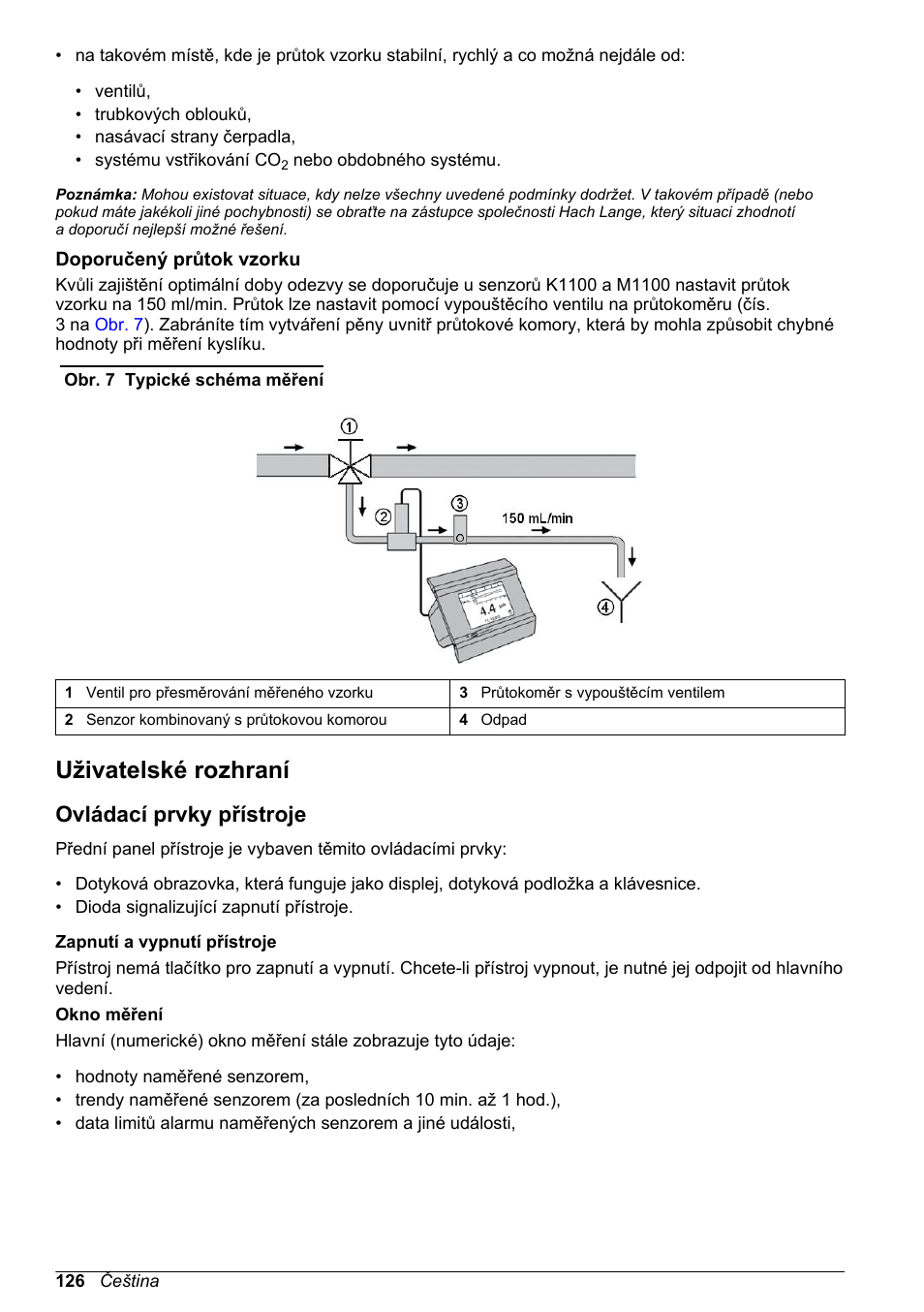 Doporučený průtok vzorku, Uživatelské rozhraní, Ovládací prvky přístroje | Hach-Lange ORBISPHERE KM1100 Basic User Manual User Manual | Page 126 / 350
