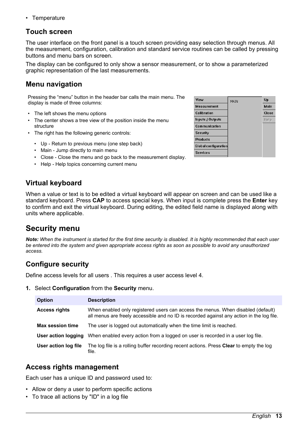 Touch screen, Menu navigation, Virtual keyboard | Security menu, Configure security, Access rights management | Hach-Lange ORBISPHERE KM1100 Basic User Manual User Manual | Page 13 / 350