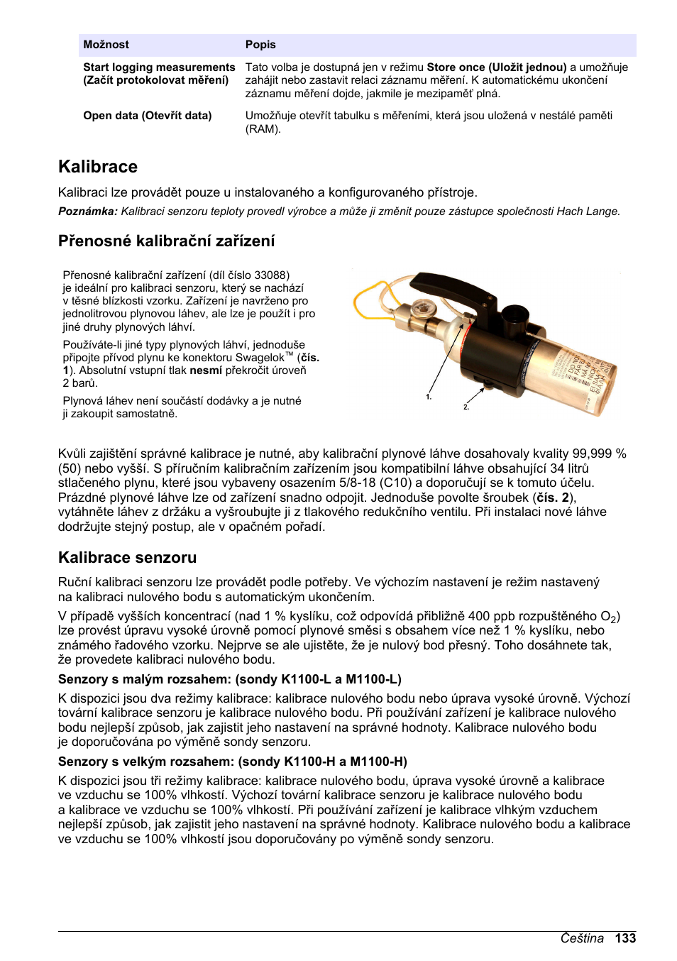 Kalibrace, Přenosné kalibrační zařízení, Kalibrace senzoru | Hach-Lange ORBISPHERE KM1100 Basic User Manual User Manual | Page 133 / 350