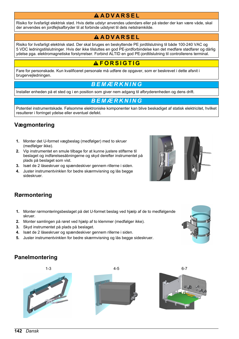 Vægmontering, Rørmontering, Panelmontering | Hach-Lange ORBISPHERE KM1100 Basic User Manual User Manual | Page 142 / 350