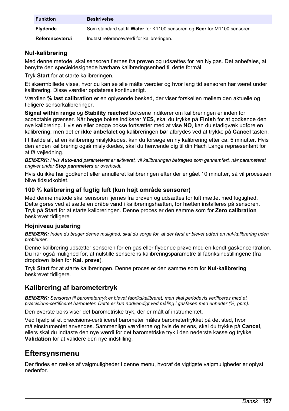 Nul-kalibrering, Højniveau justering, Kalibrering af barometertryk | Eftersynsmenu, Beskrevet i, På side, På side 157, 100 % kalibrering af fugtig luft, Kun højt område sensorer), Eller | Hach-Lange ORBISPHERE KM1100 Basic User Manual User Manual | Page 157 / 350