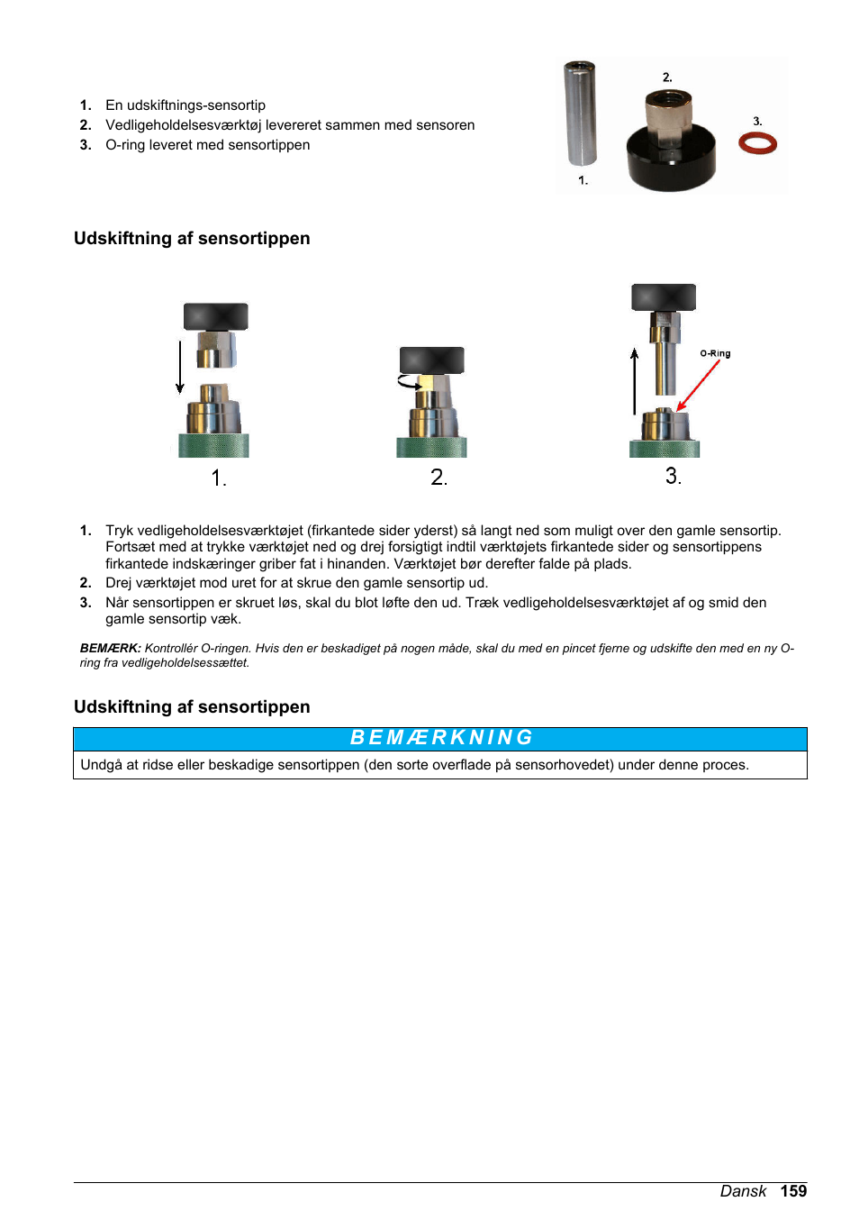 Udskiftning af sensortippen | Hach-Lange ORBISPHERE KM1100 Basic User Manual User Manual | Page 159 / 350