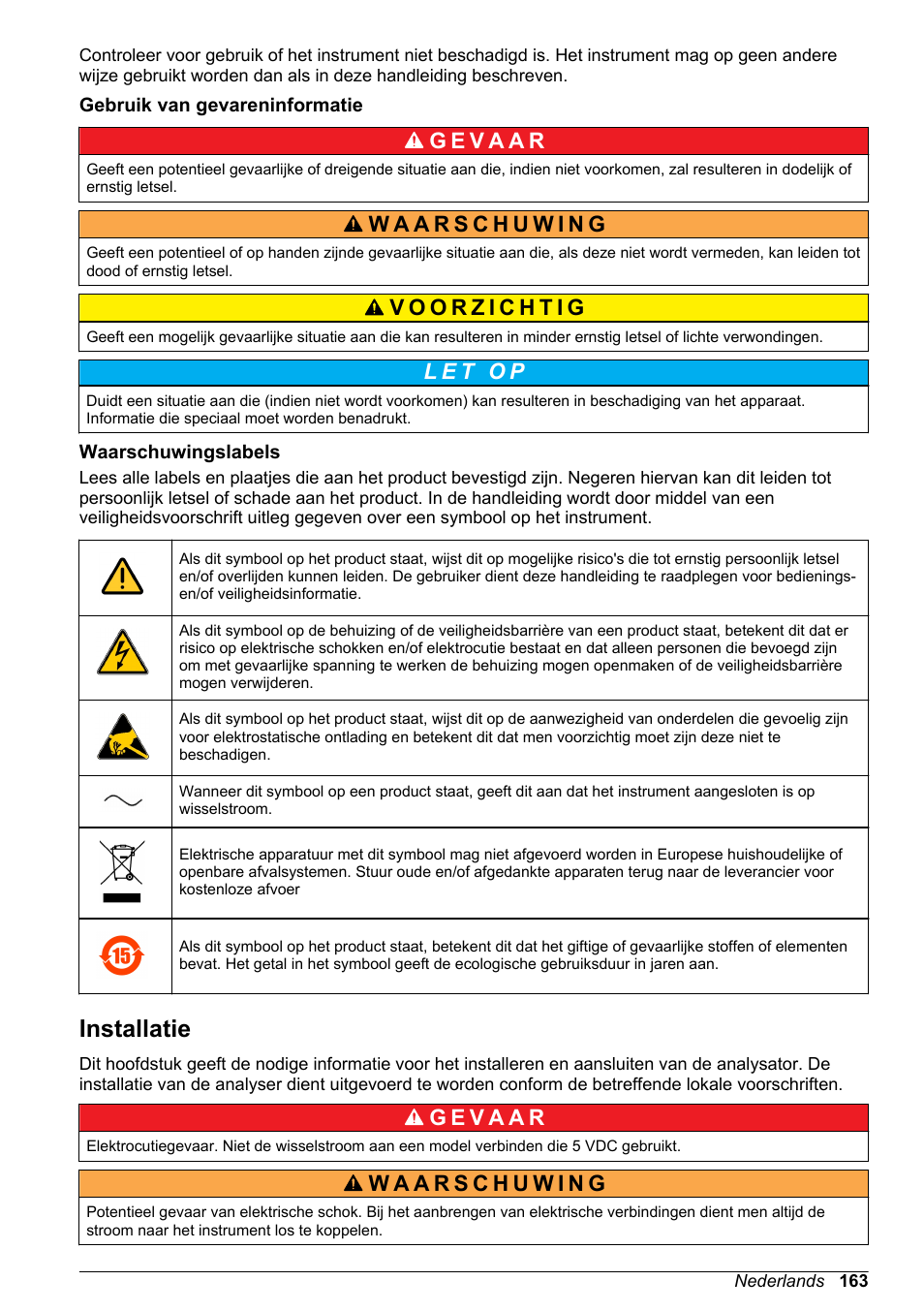 Gebruik van gevareninformatie, Waarschuwingslabels, Installatie | Hach-Lange ORBISPHERE KM1100 Basic User Manual User Manual | Page 163 / 350