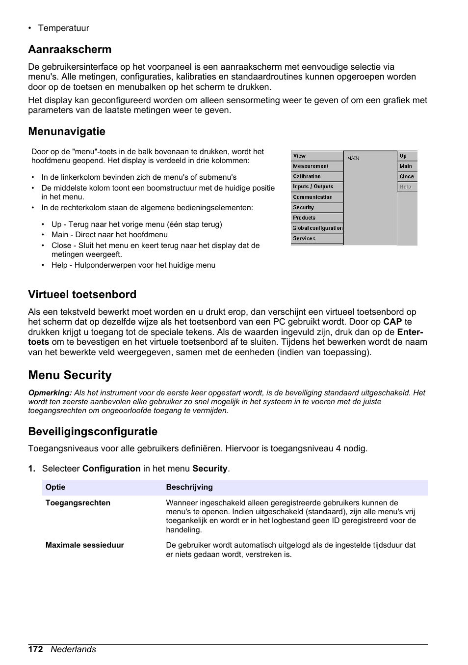 Aanraakscherm, Menunavigatie, Virtueel toetsenbord | Menu security, Beveiligingsconfiguratie | Hach-Lange ORBISPHERE KM1100 Basic User Manual User Manual | Page 172 / 350