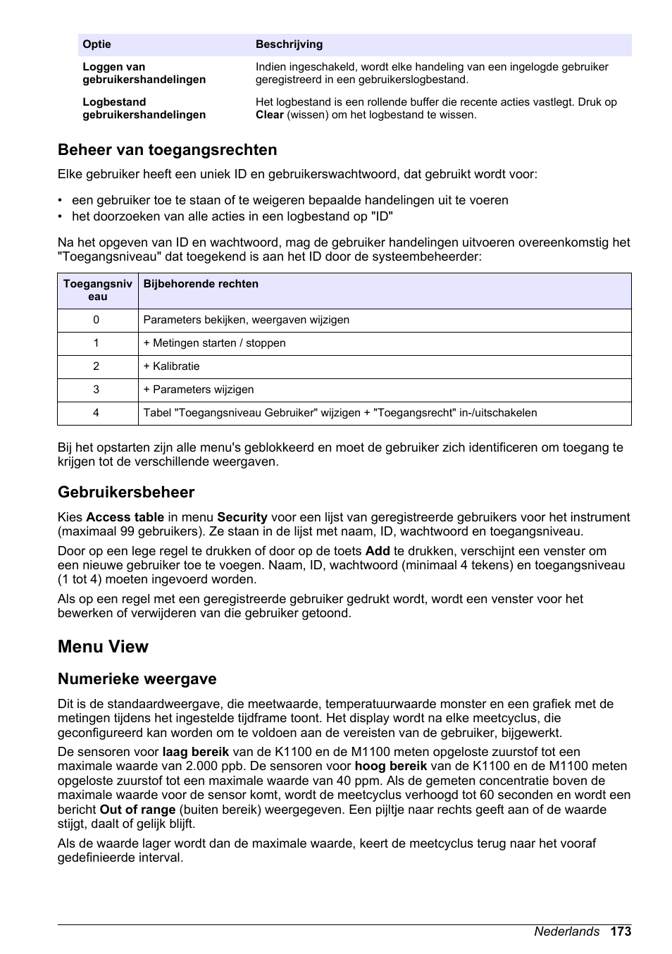 Beheer van toegangsrechten, Gebruikersbeheer, Menu view | Numerieke weergave | Hach-Lange ORBISPHERE KM1100 Basic User Manual User Manual | Page 173 / 350