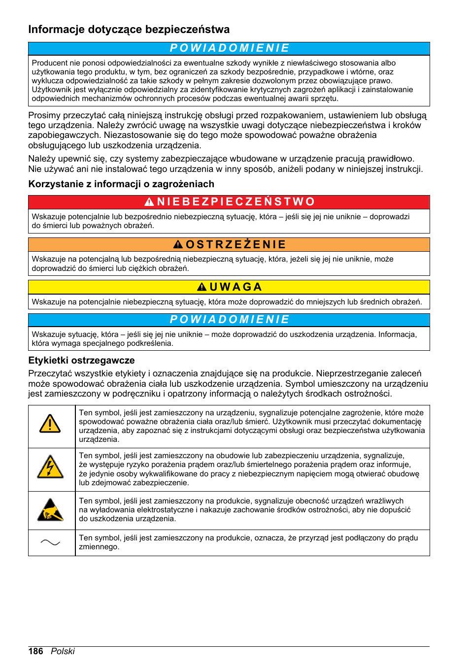 Informacje dotyczące bezpieczeństwa, Korzystanie z informacji o zagrożeniach, Etykietki ostrzegawcze | Hach-Lange ORBISPHERE KM1100 Basic User Manual User Manual | Page 186 / 350