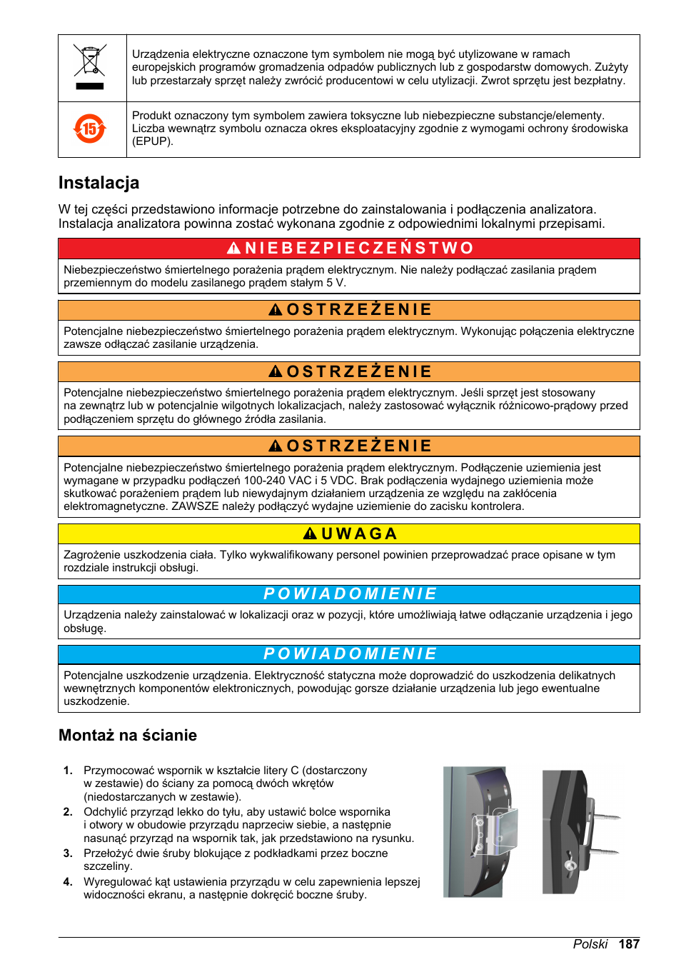 Instalacja, Montaż na ścianie | Hach-Lange ORBISPHERE KM1100 Basic User Manual User Manual | Page 187 / 350