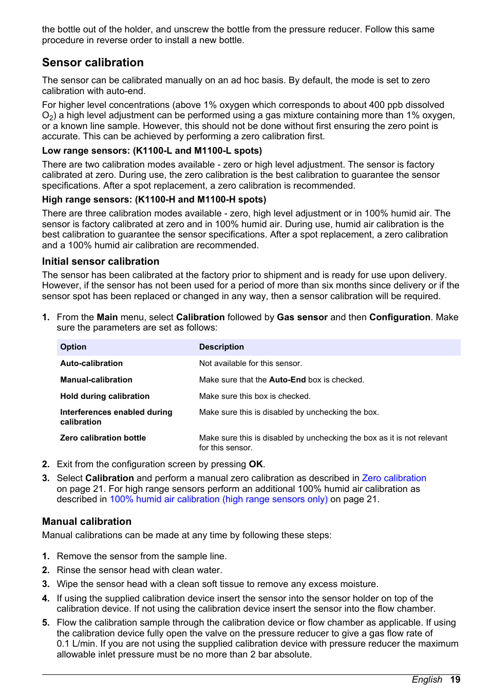 Sensor calibration, Initial sensor calibration, Manual calibration | Hach-Lange ORBISPHERE KM1100 Basic User Manual User Manual | Page 19 / 350
