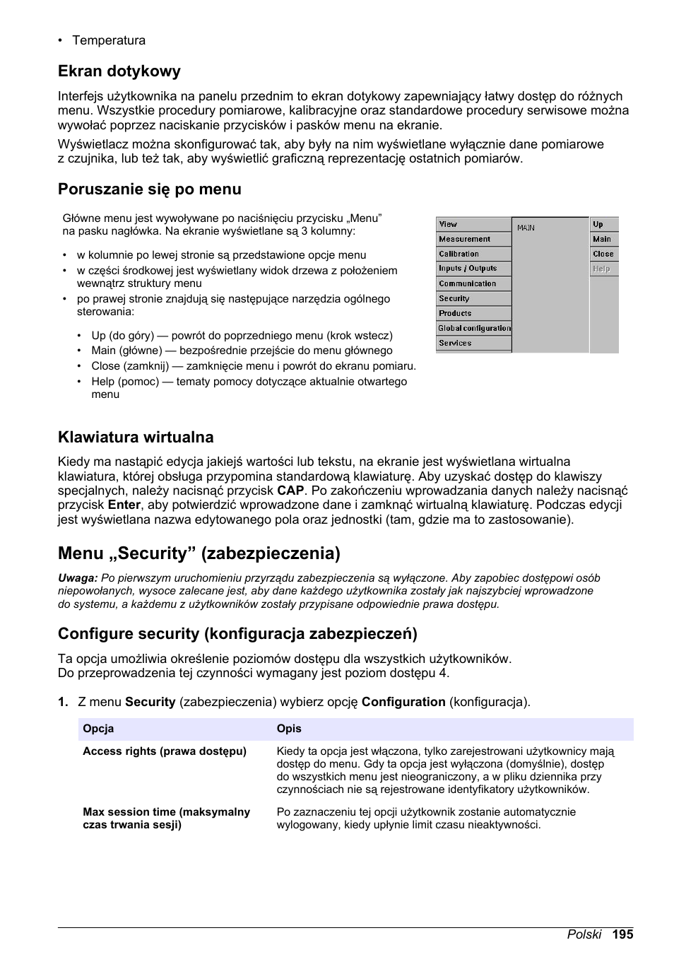 Ekran dotykowy, Poruszanie się po menu, Klawiatura wirtualna | Menu „security” (zabezpieczenia), Configure security (konfiguracja zabezpieczeń) | Hach-Lange ORBISPHERE KM1100 Basic User Manual User Manual | Page 195 / 350