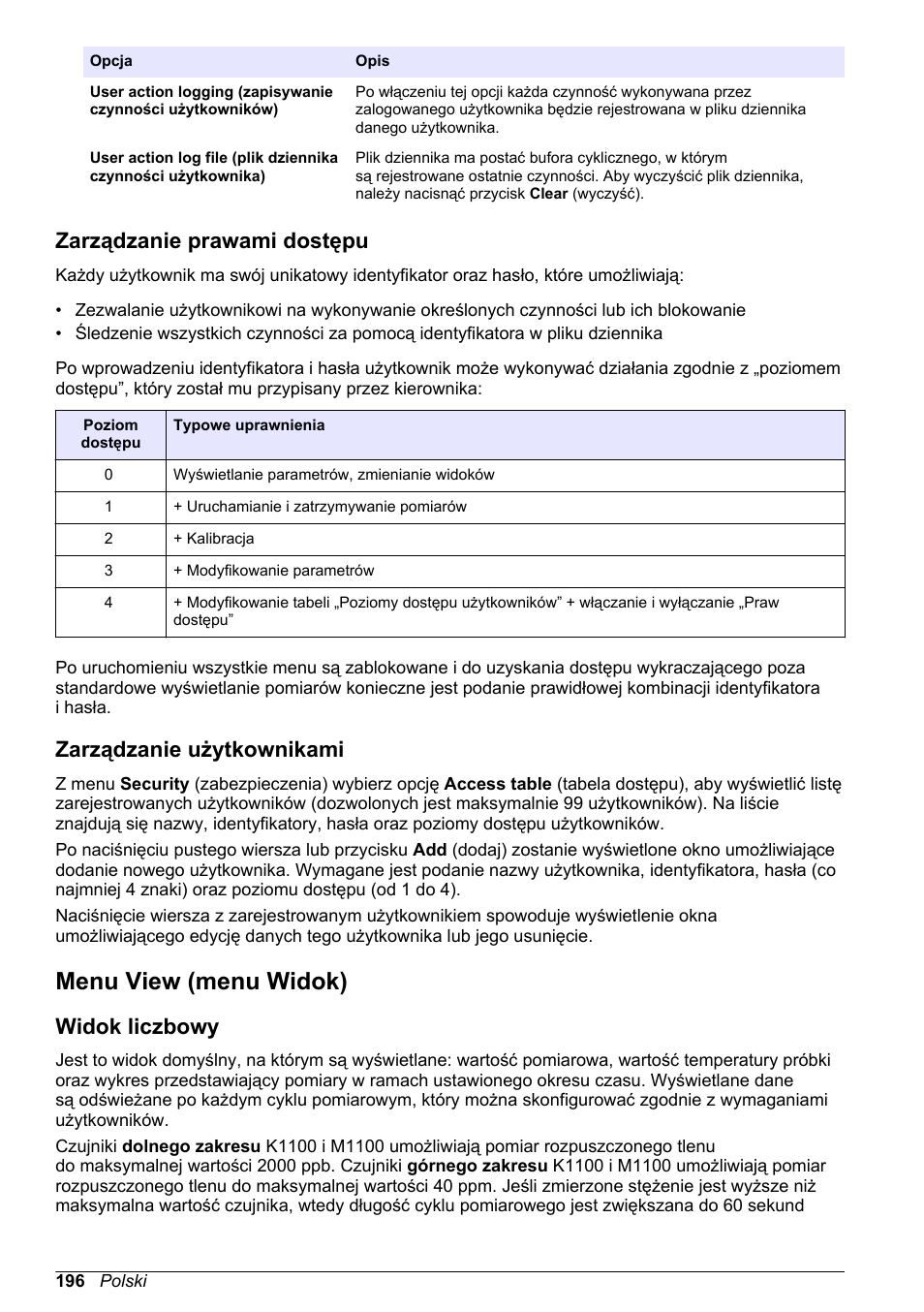 Zarządzanie prawami dostępu, Zarządzanie użytkownikami, Menu view (menu widok) | Widok liczbowy | Hach-Lange ORBISPHERE KM1100 Basic User Manual User Manual | Page 196 / 350