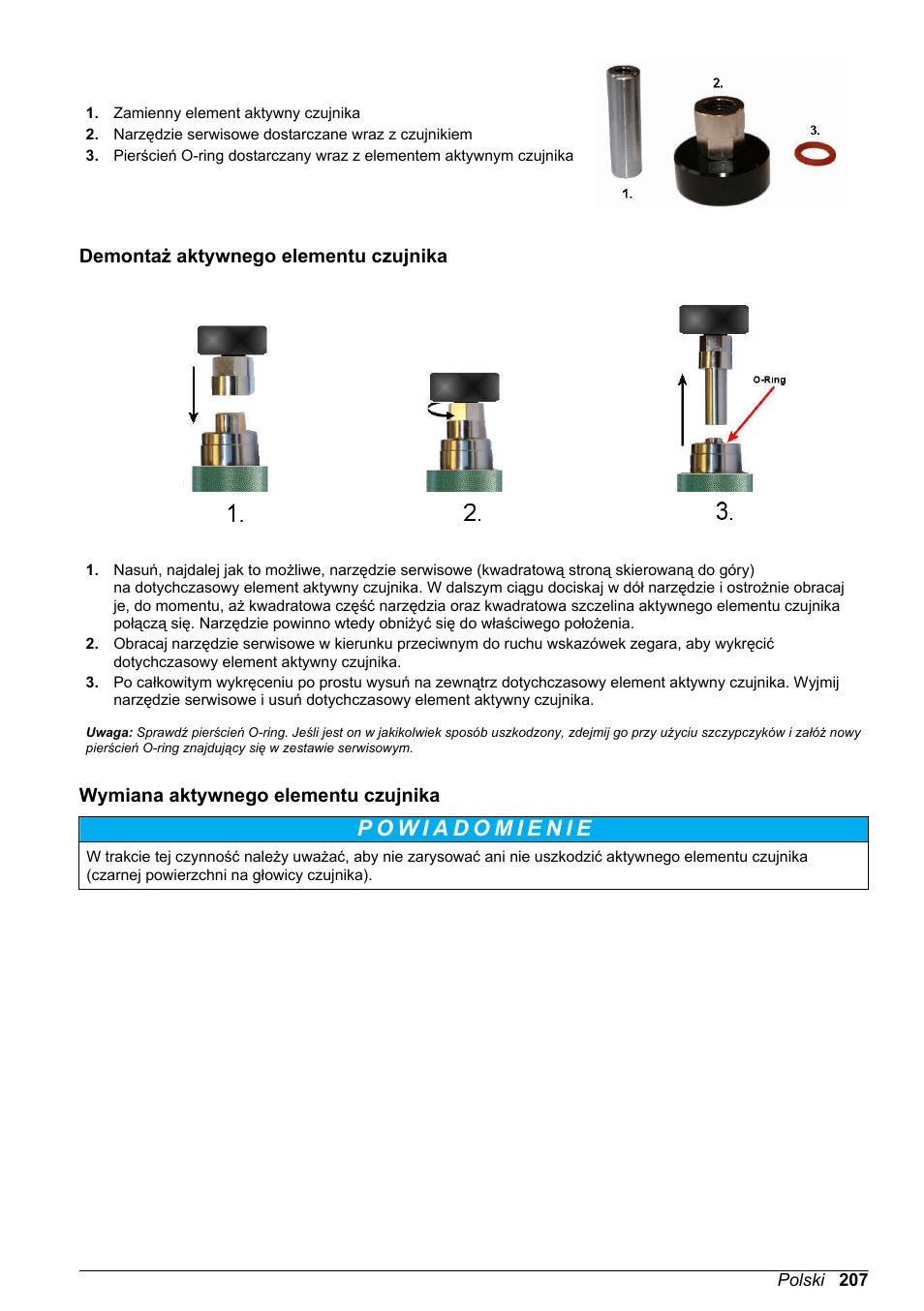 Demontaż aktywnego elementu czujnika, Wymiana aktywnego elementu czujnika | Hach-Lange ORBISPHERE KM1100 Basic User Manual User Manual | Page 207 / 350