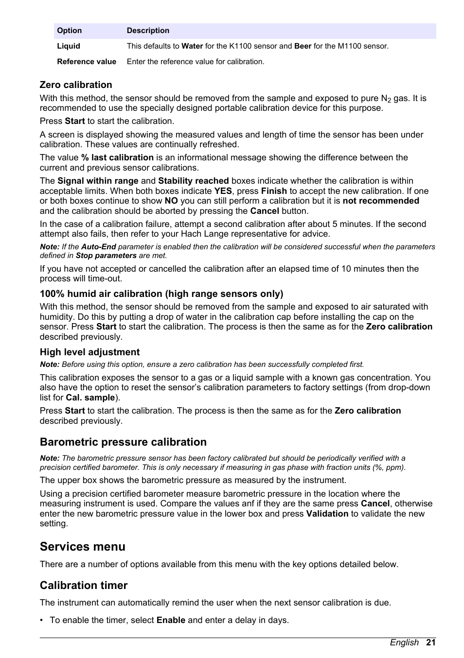 Zero calibration, High level adjustment, Barometric pressure calibration | Services menu, Calibration timer, Described in, 100% humid air calibration, High range sensors only) | Hach-Lange ORBISPHERE KM1100 Basic User Manual User Manual | Page 21 / 350