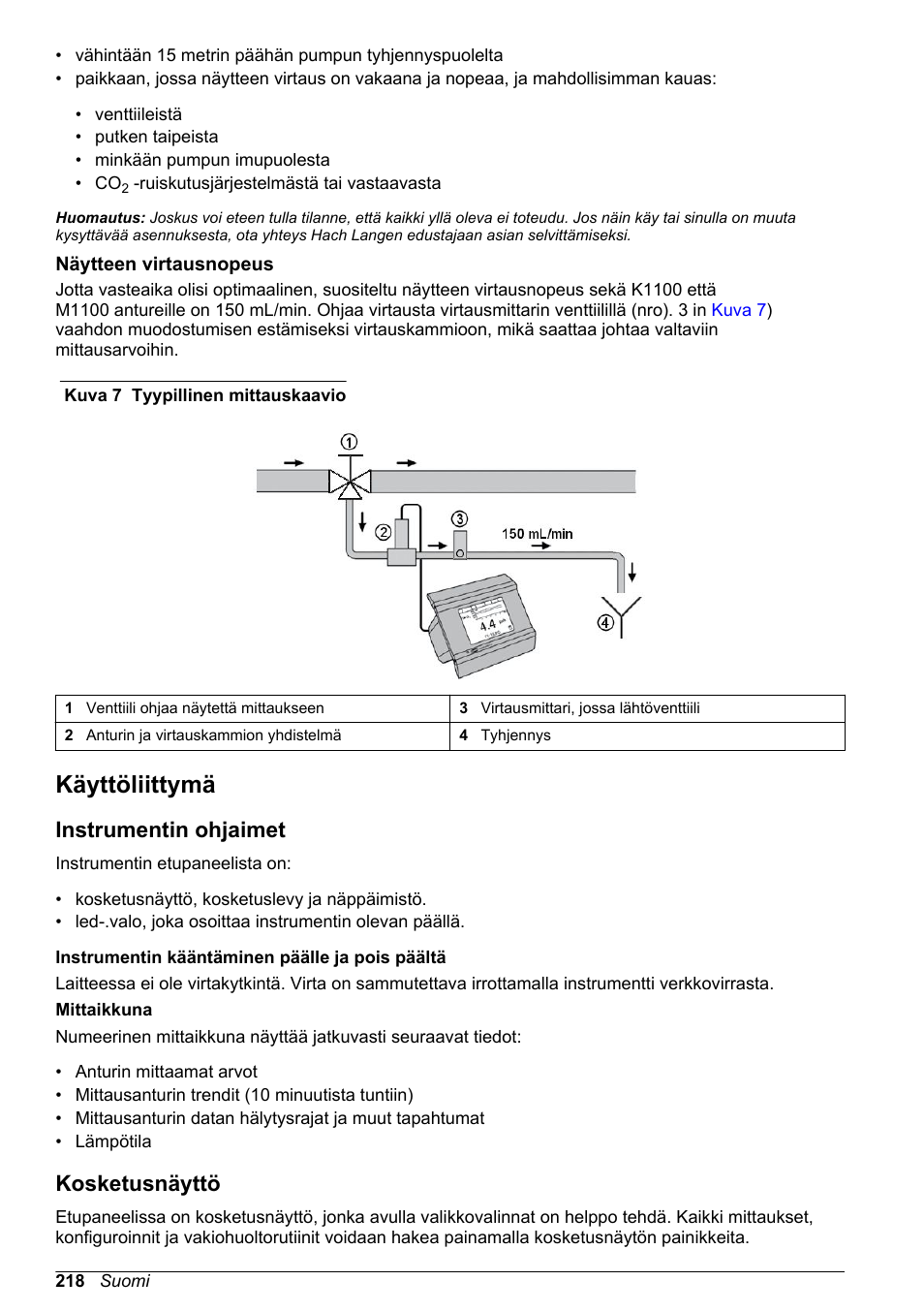 Näytteen virtausnopeus, Käyttöliittymä, Instrumentin ohjaimet | Kosketusnäyttö | Hach-Lange ORBISPHERE KM1100 Basic User Manual User Manual | Page 218 / 350