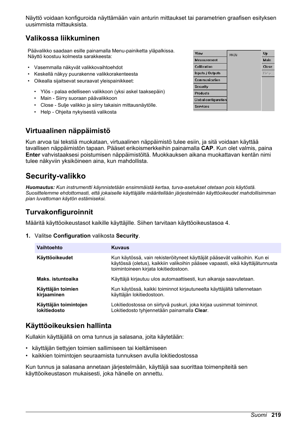 Valikossa liikkuminen, Virtuaalinen näppäimistö, Security-valikko | Turvakonfiguroinnit, Käyttöoikeuksien hallinta | Hach-Lange ORBISPHERE KM1100 Basic User Manual User Manual | Page 219 / 350