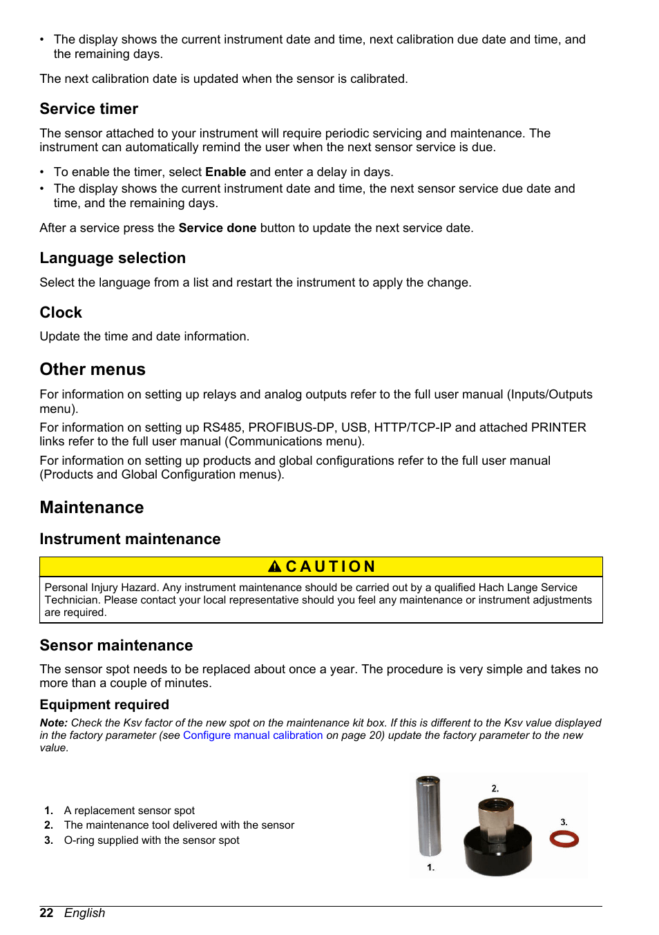 Service timer, Language selection, Clock | Other menus, Maintenance, Instrument maintenance, Sensor maintenance, Equipment required | Hach-Lange ORBISPHERE KM1100 Basic User Manual User Manual | Page 22 / 350