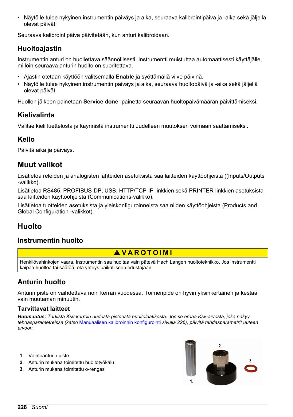 Huoltoajastin, Kielivalinta, Kello | Muut valikot, Huolto, Instrumentin huolto, Anturin huolto, Tarvittavat laitteet | Hach-Lange ORBISPHERE KM1100 Basic User Manual User Manual | Page 228 / 350