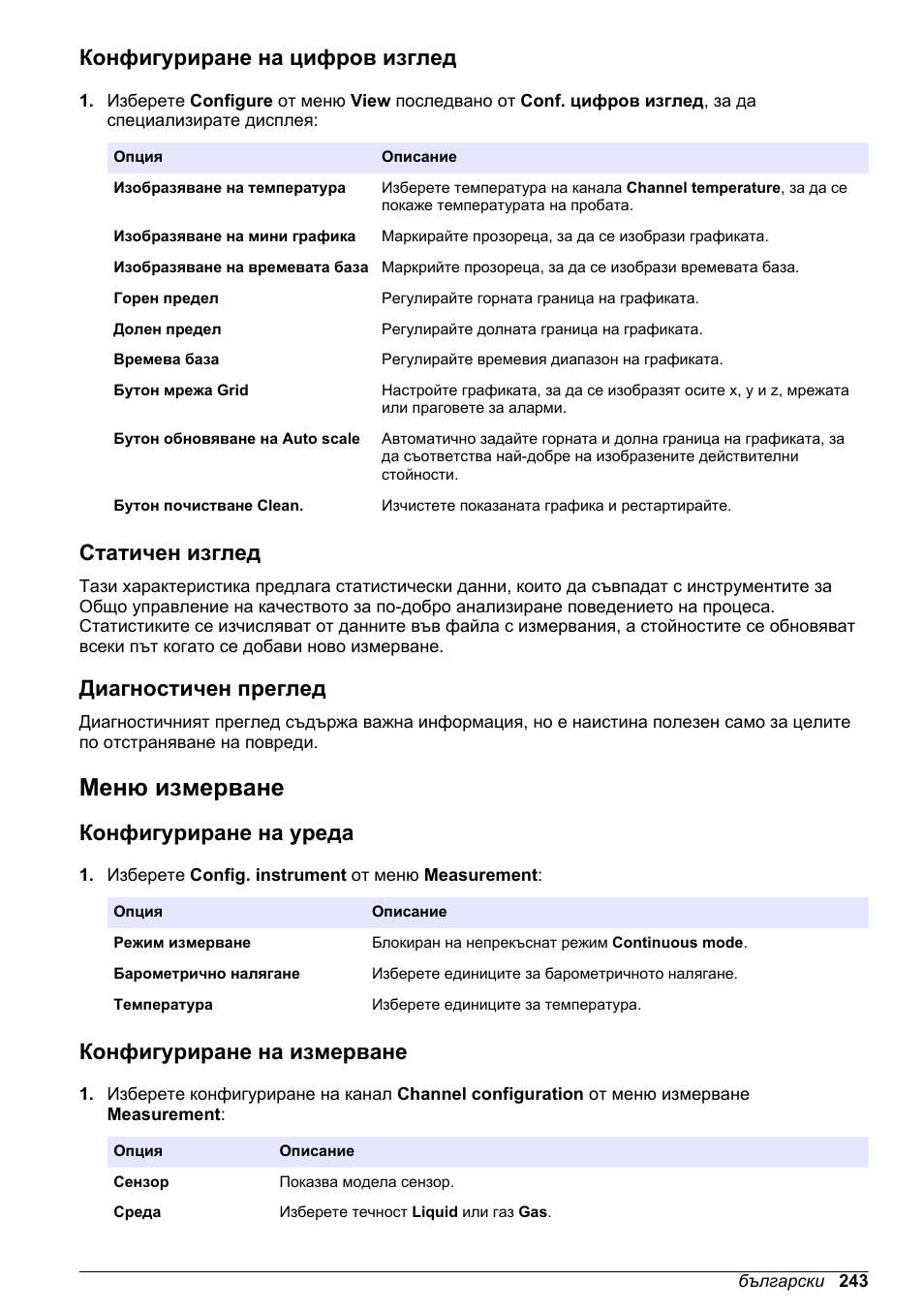 Конфигуриране на цифров изглед, Статичен изглед, Диагностичен преглед | Меню измерване, Конфигуриране на уреда, Конфигуриране на измерване | Hach-Lange ORBISPHERE KM1100 Basic User Manual User Manual | Page 243 / 350