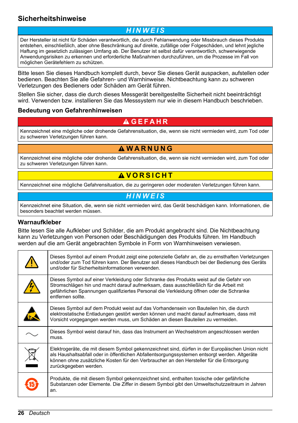 Sicherheitshinweise, Bedeutung von gefahrenhinweisen, Warnaufkleber | Hach-Lange ORBISPHERE KM1100 Basic User Manual User Manual | Page 26 / 350