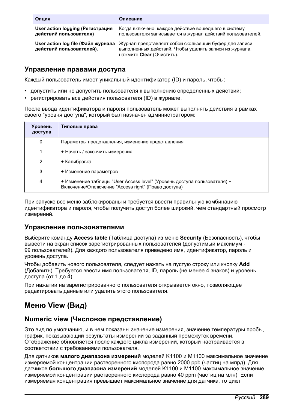 Управление правами доступа, Управление пользователями, Меню view (вид) | Numeric view (числовое представление) | Hach-Lange ORBISPHERE KM1100 Basic User Manual User Manual | Page 289 / 350
