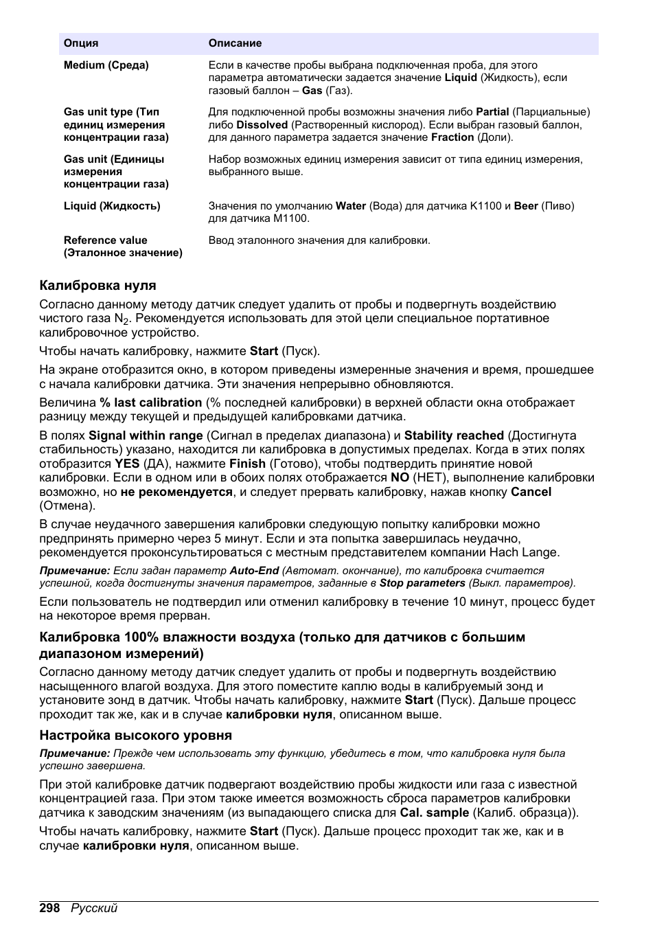 Калибровка нуля, Настройка высокого уровня, Калибровка | Hach-Lange ORBISPHERE KM1100 Basic User Manual User Manual | Page 298 / 350