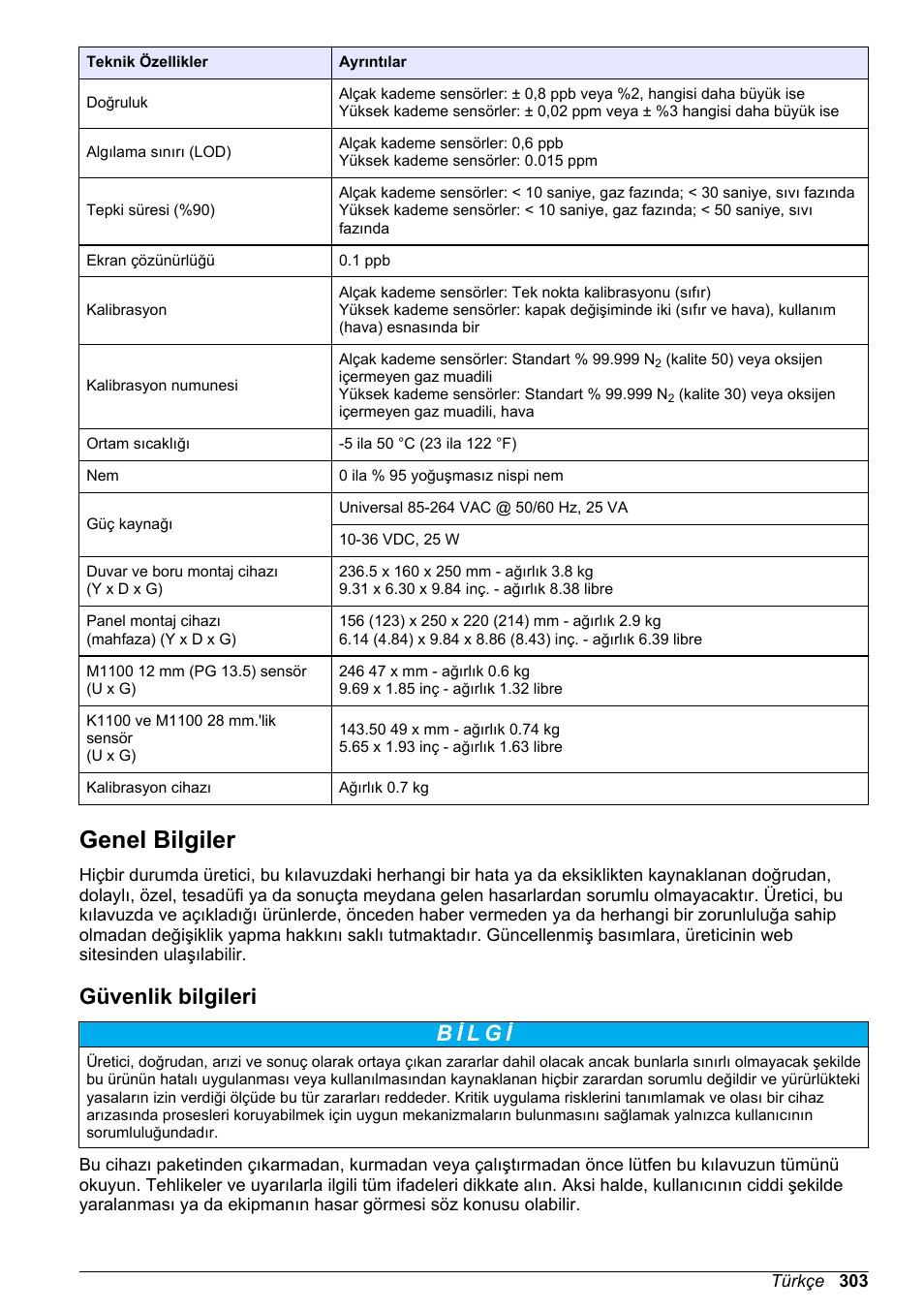 Genel bilgiler, Güvenlik bilgileri | Hach-Lange ORBISPHERE KM1100 Basic User Manual User Manual | Page 303 / 350