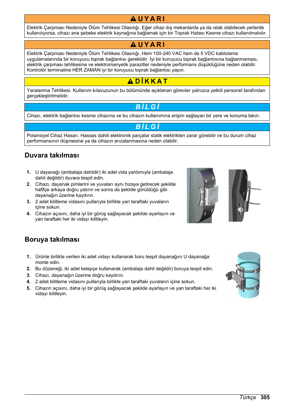 Duvara takılması, Boruya takılması | Hach-Lange ORBISPHERE KM1100 Basic User Manual User Manual | Page 305 / 350