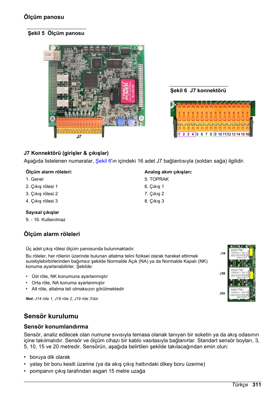 Ölçüm panosu, Ölçüm alarm röleleri, Sensör kurulumu | Sensör konumlandırma | Hach-Lange ORBISPHERE KM1100 Basic User Manual User Manual | Page 311 / 350
