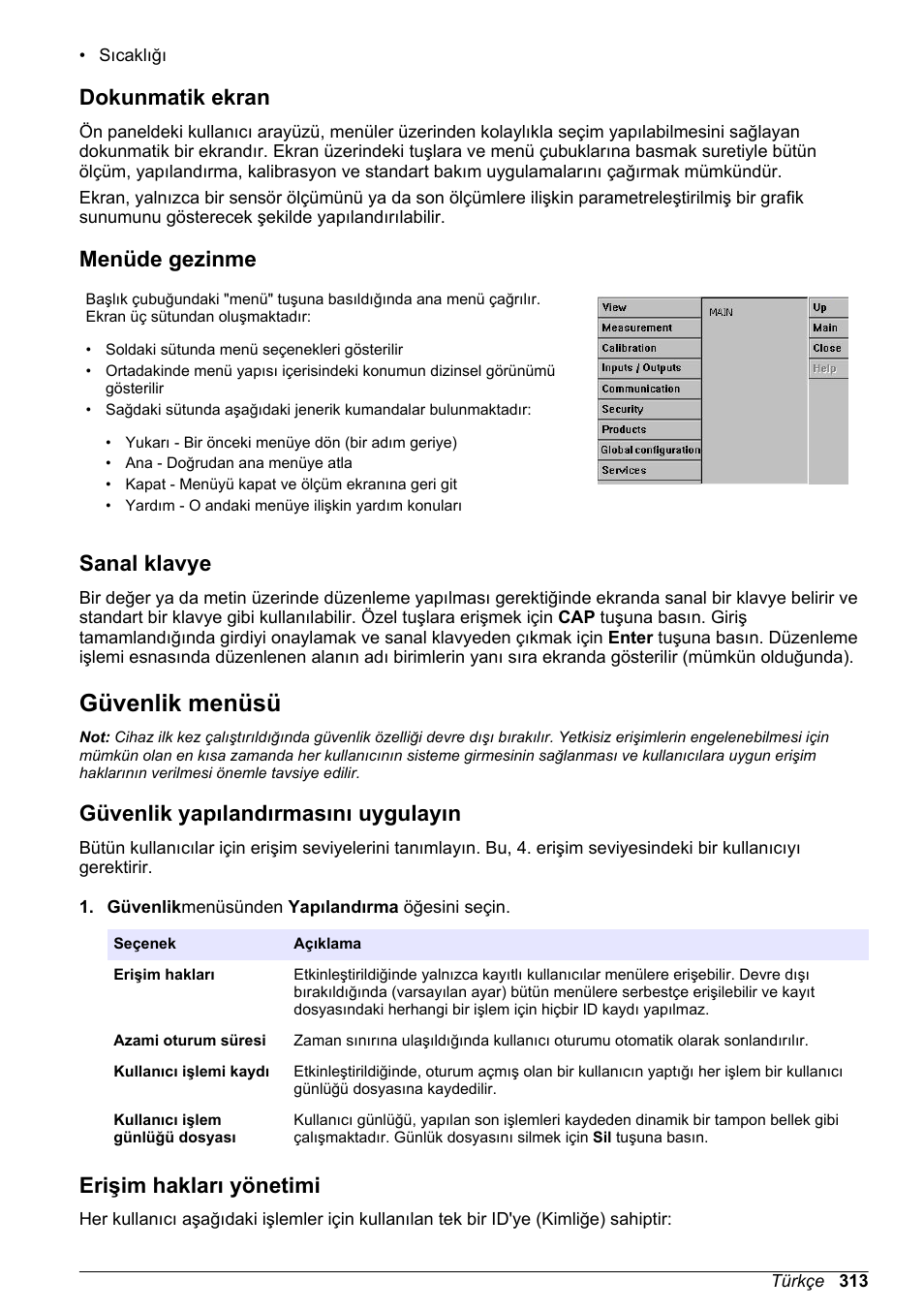 Dokunmatik ekran, Menüde gezinme, Sanal klavye | Güvenlik menüsü, Güvenlik yapılandırmasını uygulayın, Erişim hakları yönetimi | Hach-Lange ORBISPHERE KM1100 Basic User Manual User Manual | Page 313 / 350