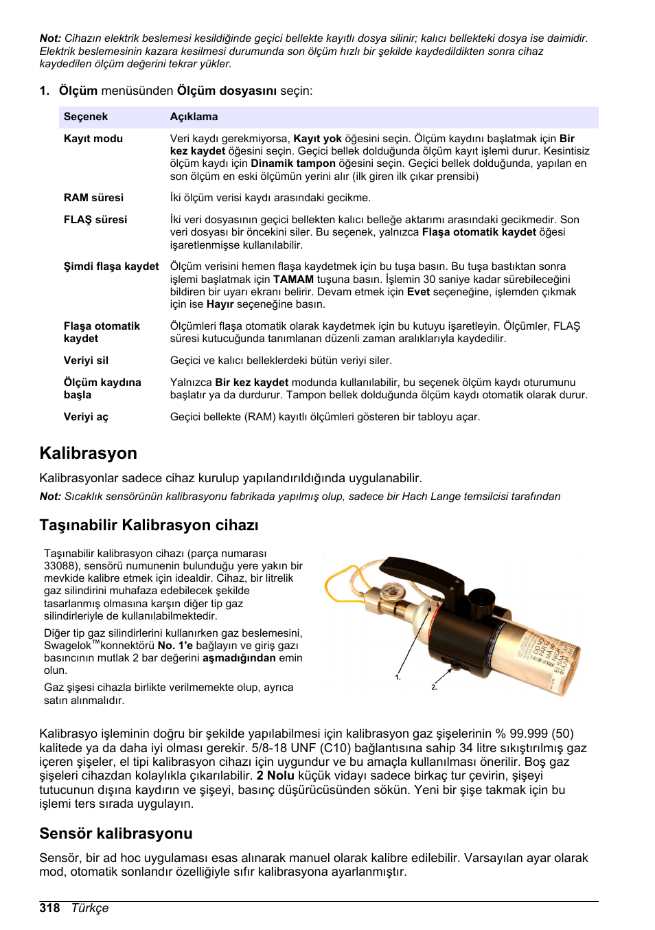Kalibrasyon, Taşınabilir kalibrasyon cihazı, Sensör kalibrasyonu | Hach-Lange ORBISPHERE KM1100 Basic User Manual User Manual | Page 318 / 350