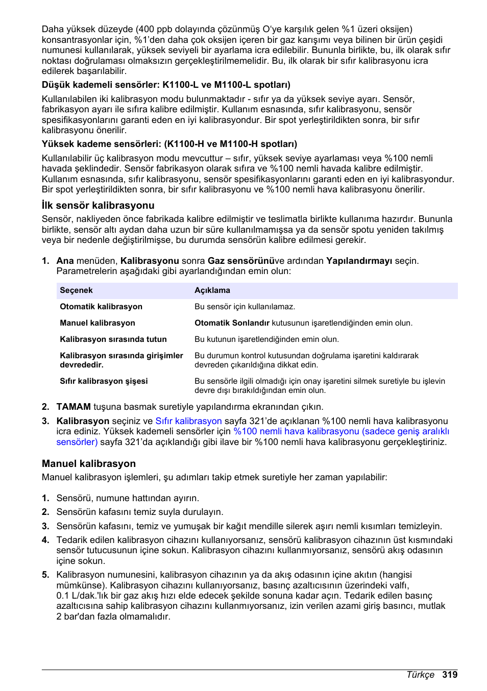 Ilk sensör kalibrasyonu, Manuel kalibrasyon | Hach-Lange ORBISPHERE KM1100 Basic User Manual User Manual | Page 319 / 350