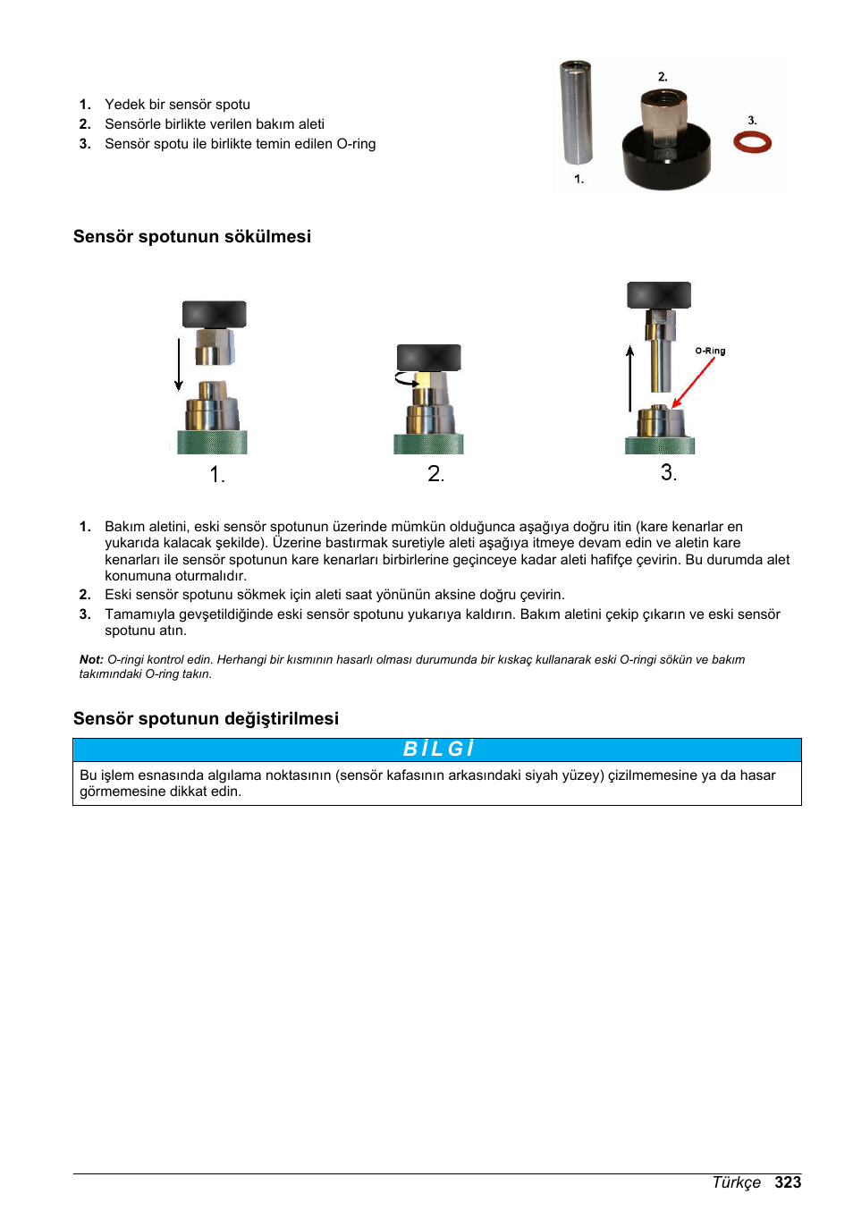 Sensör spotunun sökülmesi, Sensör spotunun değiştirilmesi | Hach-Lange ORBISPHERE KM1100 Basic User Manual User Manual | Page 323 / 350