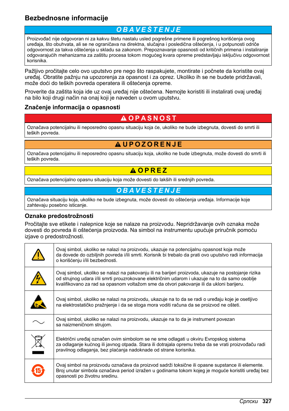 Bezbednosne informacije, Značenje informacija o opasnosti, Oznake predostrožnosti | Hach-Lange ORBISPHERE KM1100 Basic User Manual User Manual | Page 327 / 350