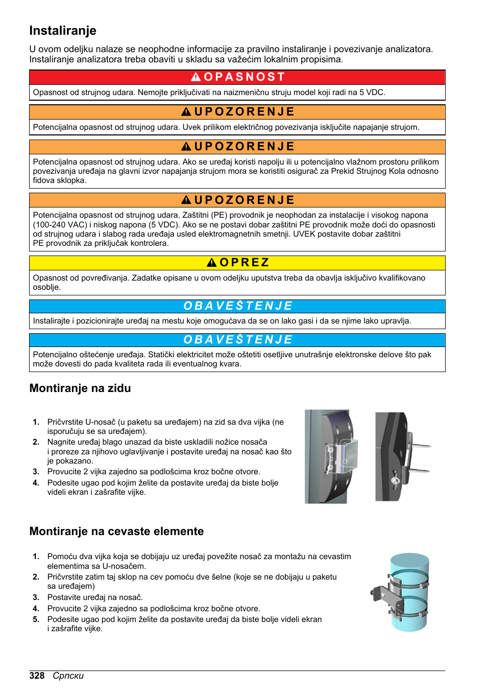 Instaliranje, Montiranje na zidu, Montiranje na cevaste elemente | Hach-Lange ORBISPHERE KM1100 Basic User Manual User Manual | Page 328 / 350