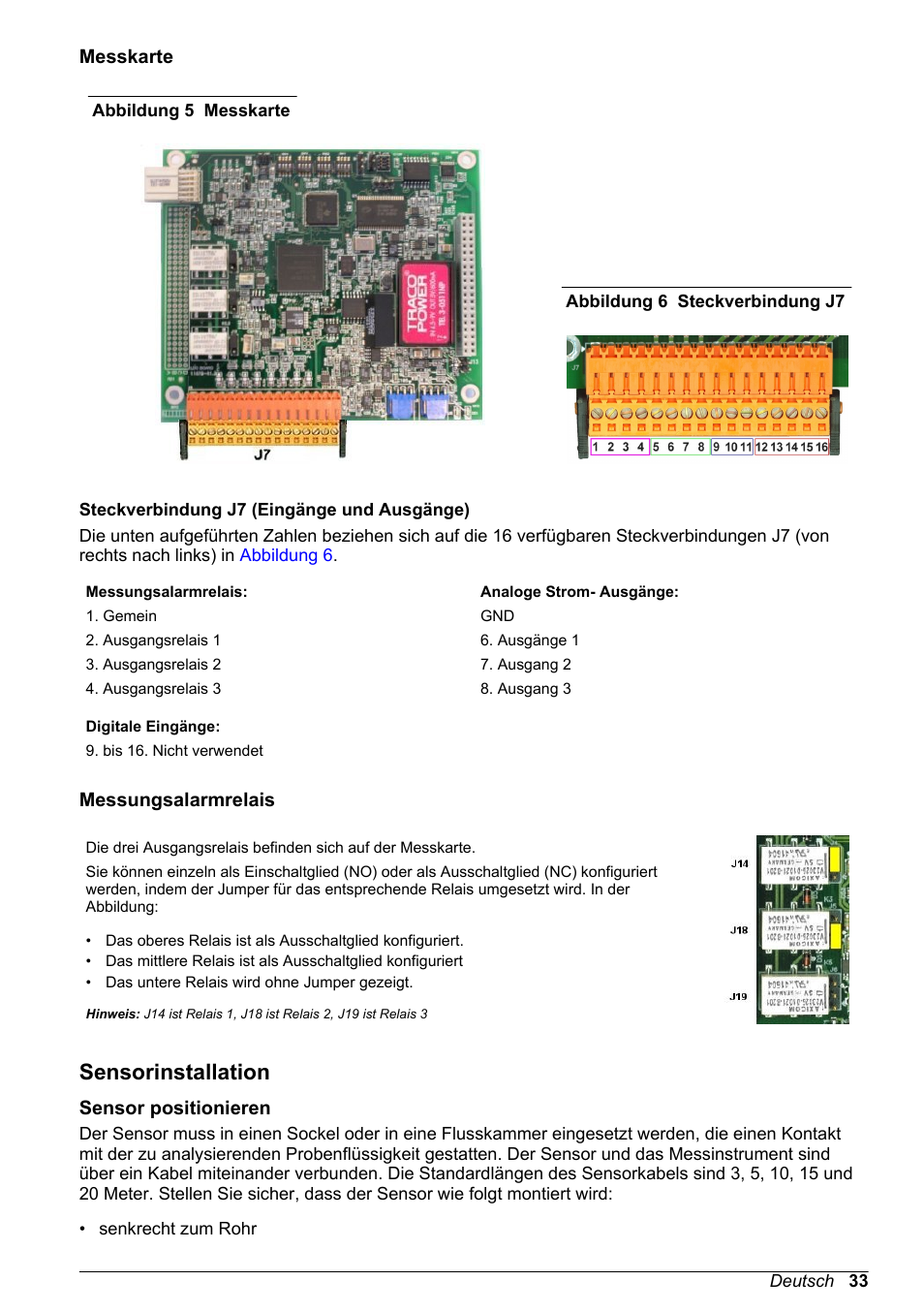 Messkarte, Messungsalarmrelais, Sensorinstallation | Sensor positionieren, Abbildung 5 | Hach-Lange ORBISPHERE KM1100 Basic User Manual User Manual | Page 33 / 350