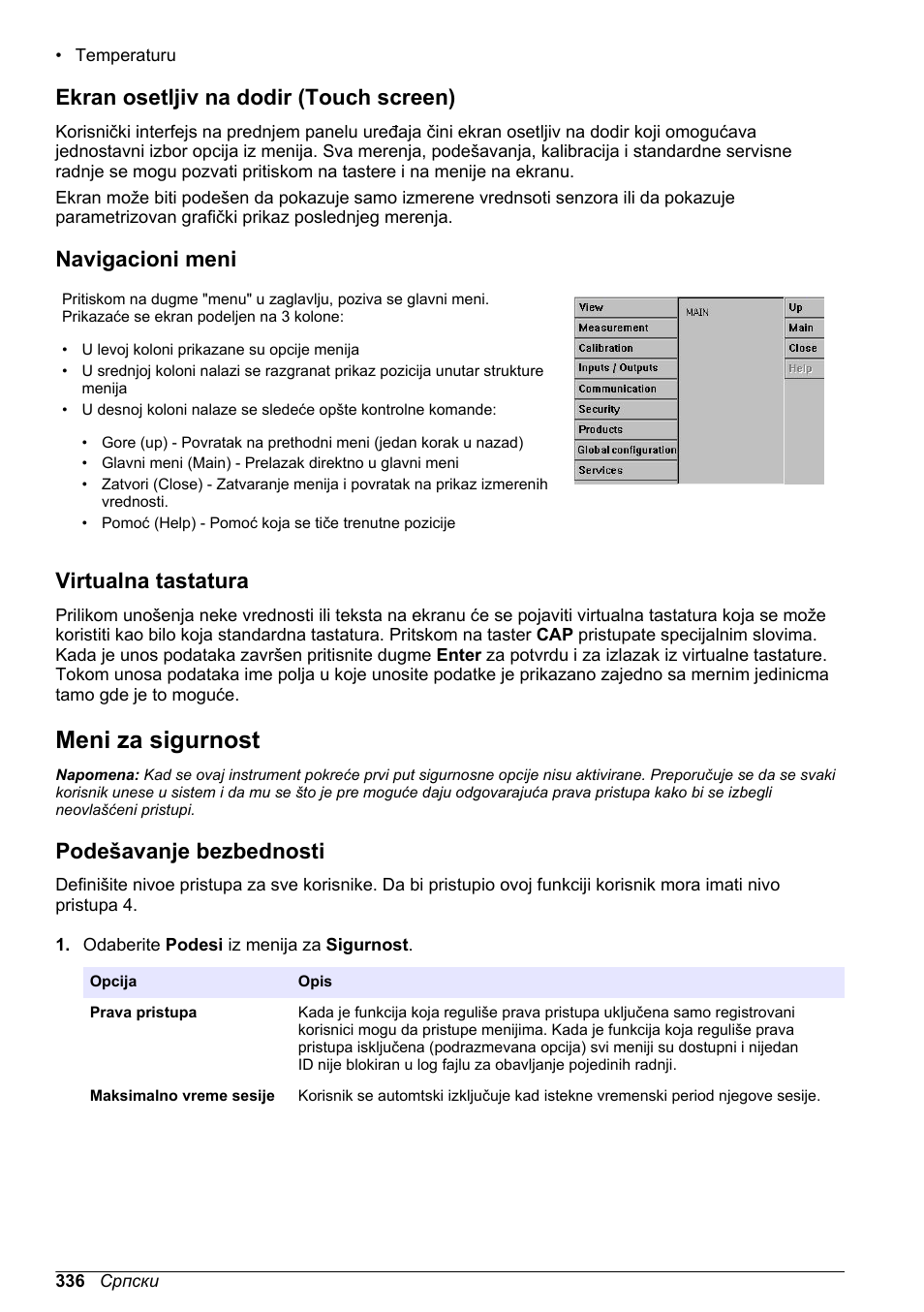 Ekran osetljiv na dodir (touch screen), Navigacioni meni, Virtualna tastatura | Meni za sigurnost, Podešavanje bezbednosti | Hach-Lange ORBISPHERE KM1100 Basic User Manual User Manual | Page 336 / 350
