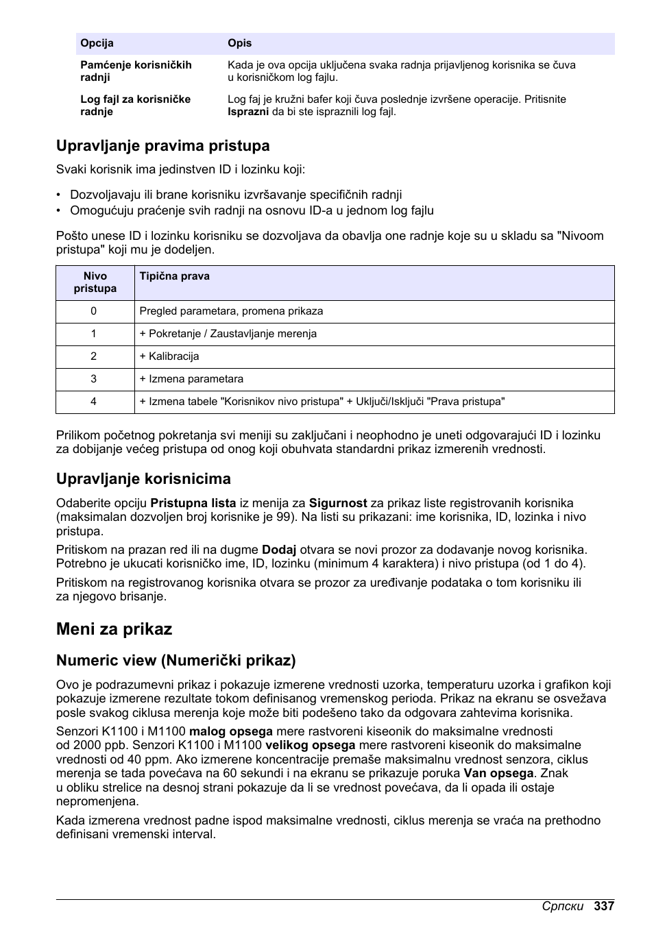 Upravljanje pravima pristupa, Upravljanje korisnicima, Meni za prikaz | Numeric view (numerički prikaz) | Hach-Lange ORBISPHERE KM1100 Basic User Manual User Manual | Page 337 / 350
