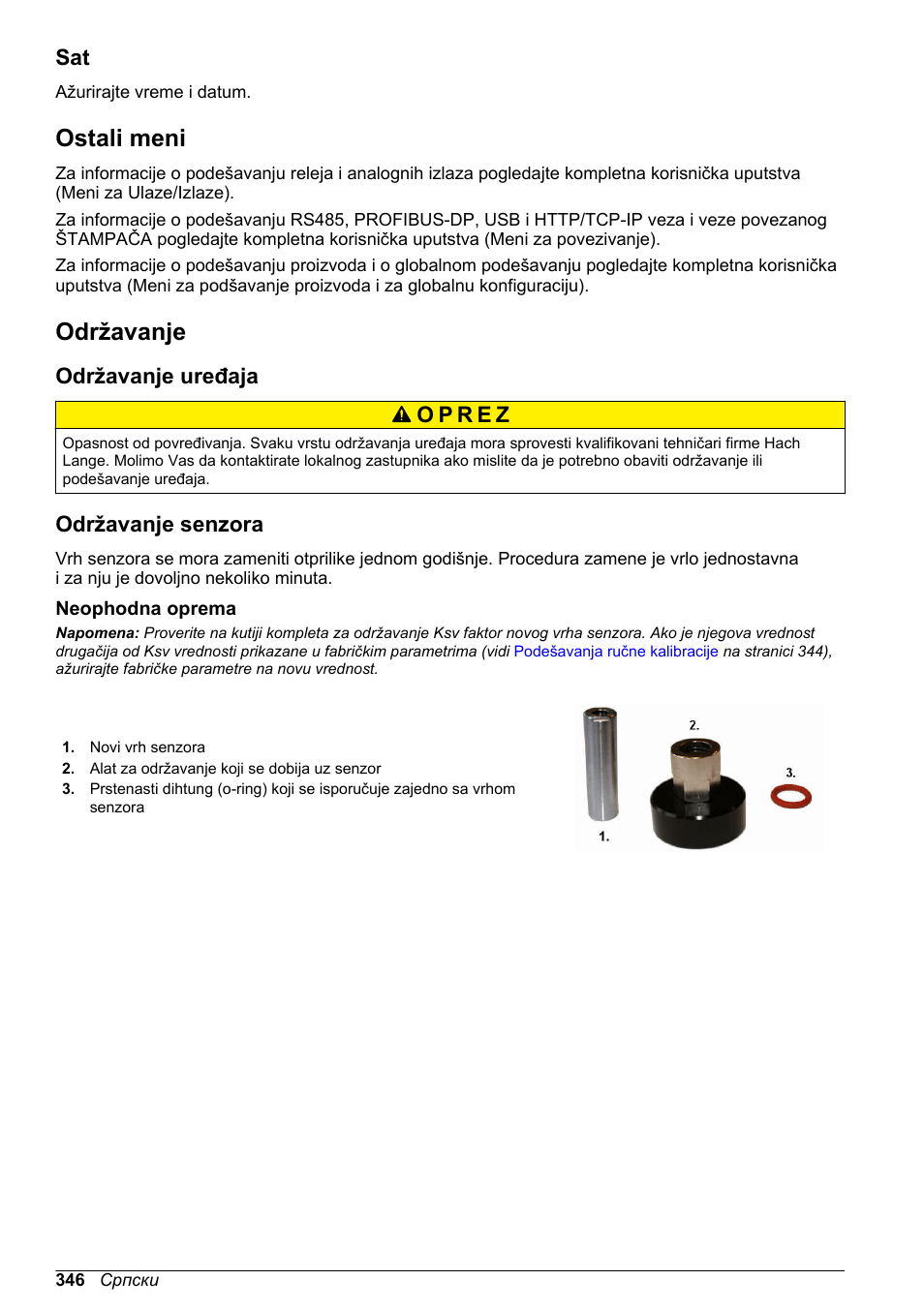 Ostali meni, Održavanje, Održavanje uređaja | Održavanje senzora, Neophodna oprema | Hach-Lange ORBISPHERE KM1100 Basic User Manual User Manual | Page 346 / 350