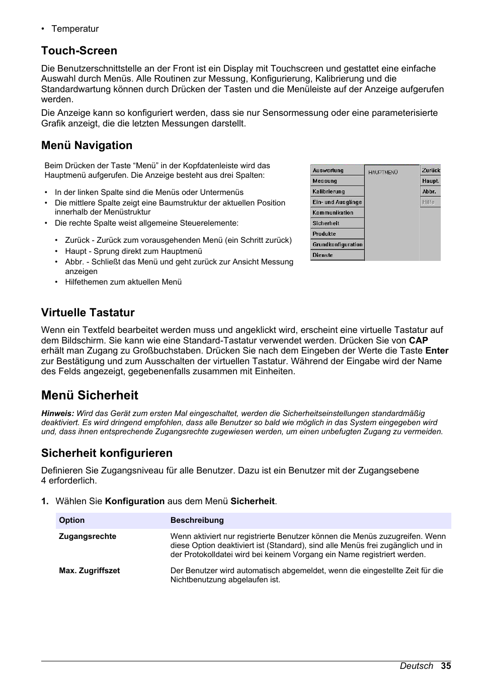 Touch-screen, Menü navigation, Virtuelle tastatur | Menü sicherheit, Sicherheit konfigurieren | Hach-Lange ORBISPHERE KM1100 Basic User Manual User Manual | Page 35 / 350