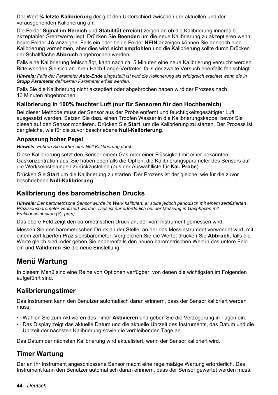 Anpassung hoher pegel, Kalibrierung des barometrischen drucks, Menü wartung | Kalibrierungstimer, Timer wartung, Kalibrierung in 100% feuchter luft wie in, Den hochbereich), Hochbereich), Oder | Hach-Lange ORBISPHERE KM1100 Basic User Manual User Manual | Page 44 / 350