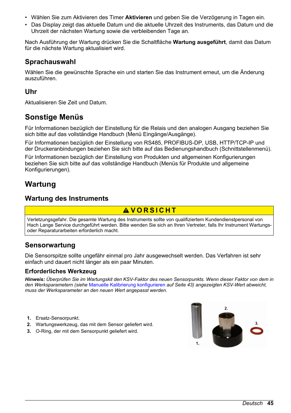 Sprachauswahl, Sonstige menüs, Wartung | Wartung des instruments, Sensorwartung, Erforderliches werkzeug | Hach-Lange ORBISPHERE KM1100 Basic User Manual User Manual | Page 45 / 350