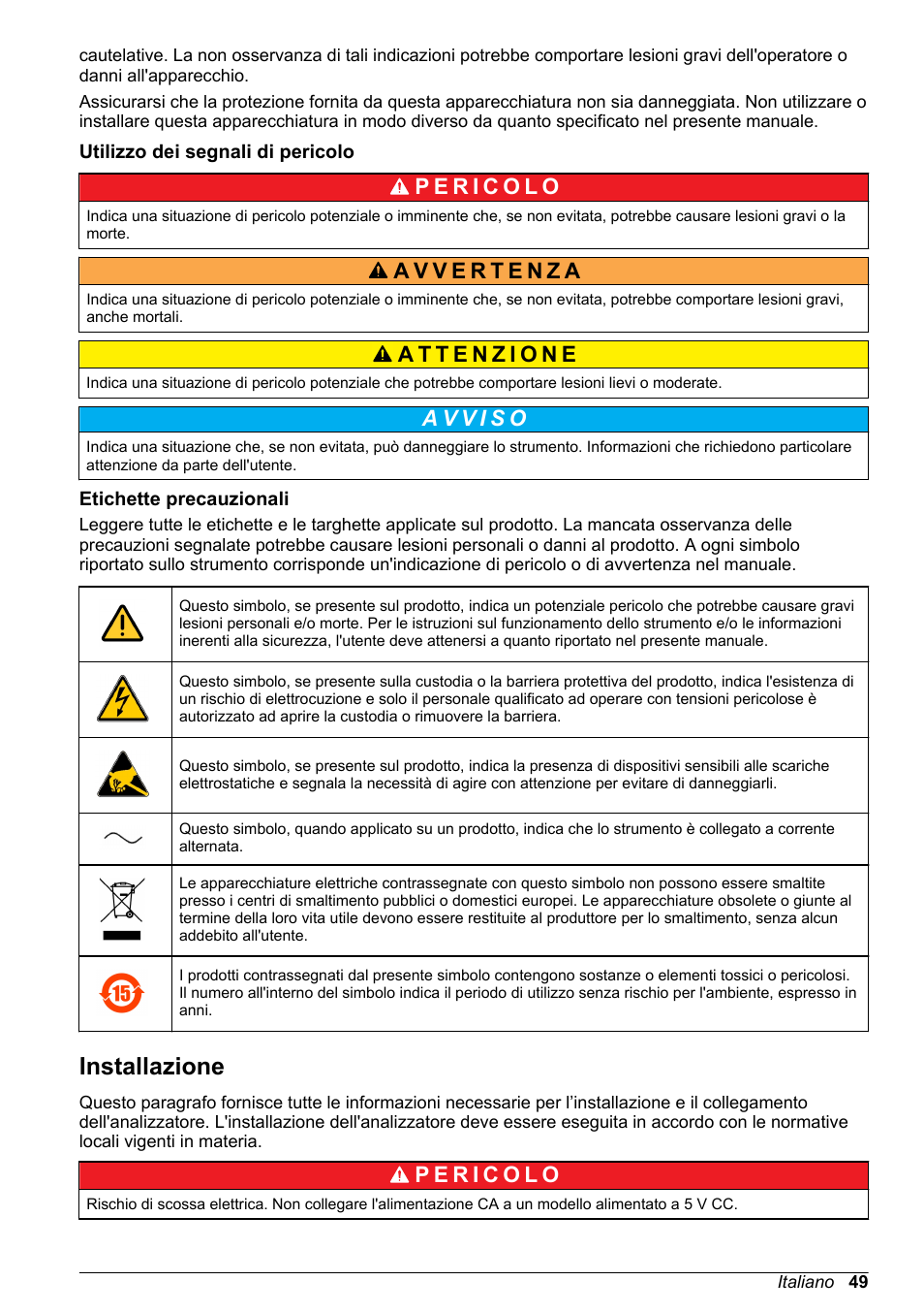 Utilizzo dei segnali di pericolo, Etichette precauzionali, Installazione | Hach-Lange ORBISPHERE KM1100 Basic User Manual User Manual | Page 49 / 350